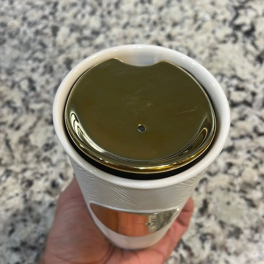 RARE Starbucks Coffee Cup White Ceramic with Gold Circle and Top - Picture 3 of 4